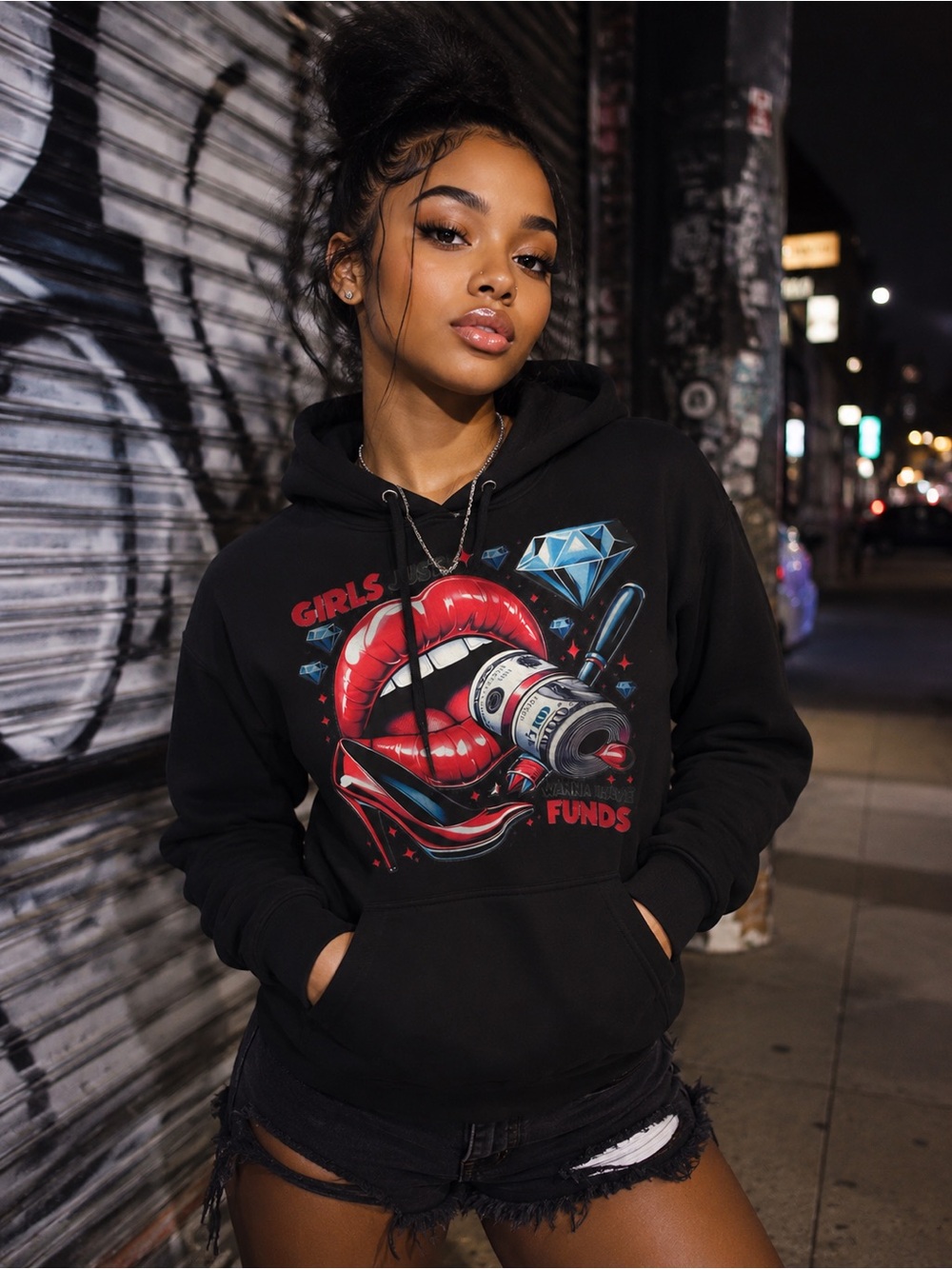 mine Black Hoodie with Red Lip & Blue Diamond Graphic